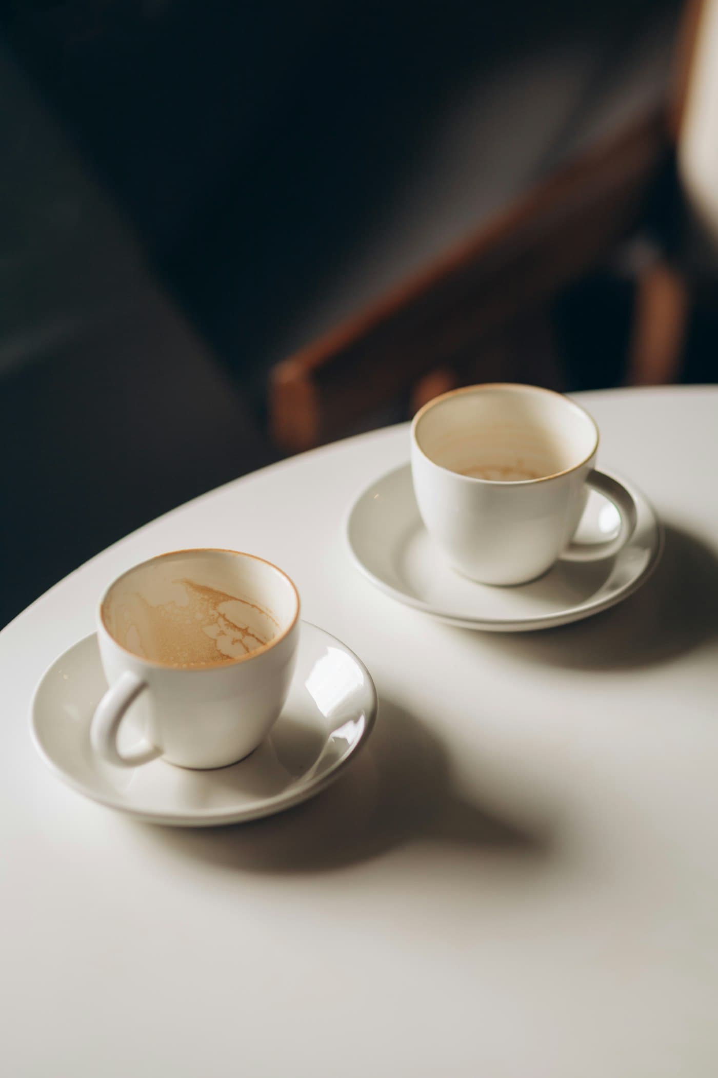 Two cups of coffee on a table in the morning light